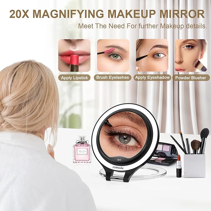 Mocado Travel Makeup Mirror with Light, 1X/20X Magnifying, Double Sided, 3 Color Light, Dimmable Touch, Rechargeable, Tabletop Standing, Black, Modern Style