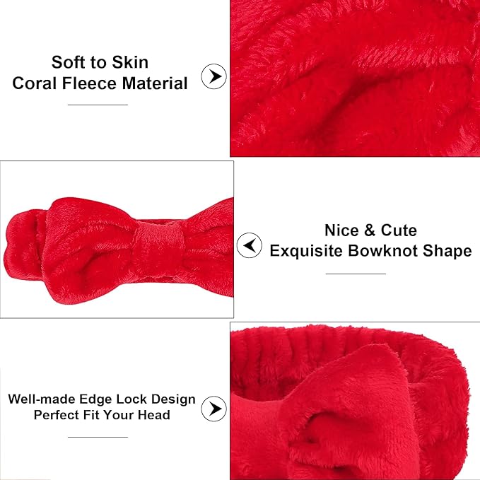 Casoty 6 Pcs Red Spa Headbands, Skin Care Headband, Soft Coral Fleece Makeup Hair band, Bow Hair Band for Face Washing Shower Skin Care Yoga