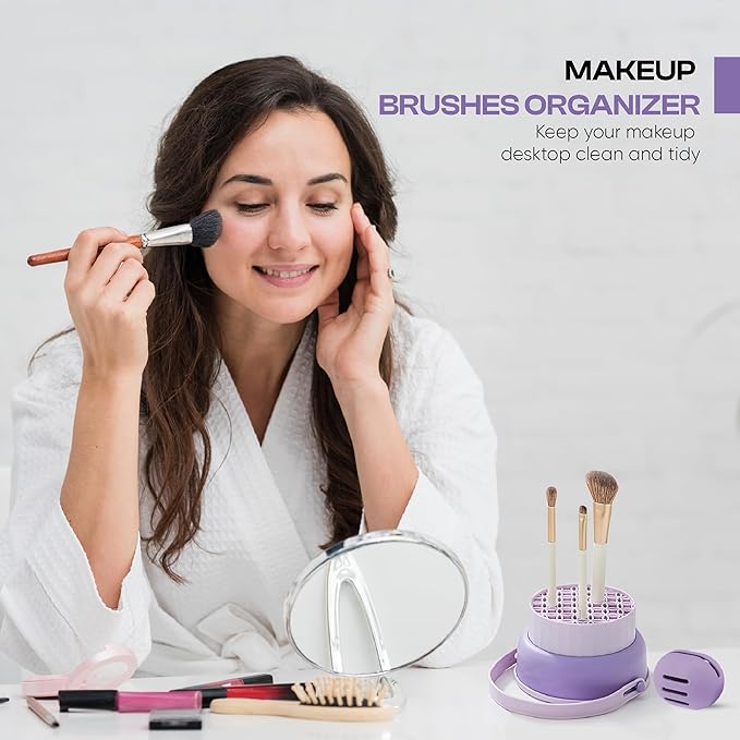 Makeup Brush Cleaner Mat 3 in 1 and Makeup Sponge Holder set - Make Up Brush Cleaner Cleanser and Make Up Sponge Holder - Limpiador de Brochas de Maquillaje (Purple)
