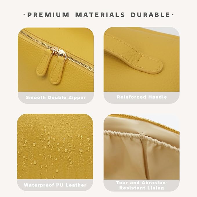 JINYIBAGS Travel Makeup Bag – Large Cosmetic Organizer with Waterproof PU Leather, Smooth Double Zipper & Tear-Resistant Lining, Toiletry Pouch for Women (Yellow)