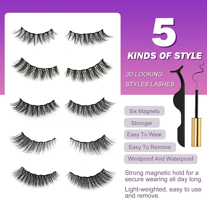 Royaomis 10 Pairs Cat-Eye Magnetic Eyelashes with Applicator Natural Look, 3D Magnetic Lashes With Eyeliner, Fake Eyelashes Magnetic, Eye Lashes Pack Natural Magnetic Eyelashes(New2）
