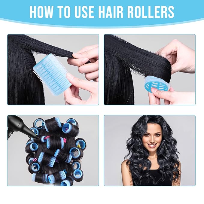 Heatless SelfGrip Hair Rollers Kit, 3 Sizes (0.79",1.18",1.57") for Short/Medium Hair | 36 Rollers +12 Clips +1 Comb | No Heat Curlers for Overnight Waves,Travel & Damage-Free Styling. (Blue, Medium)