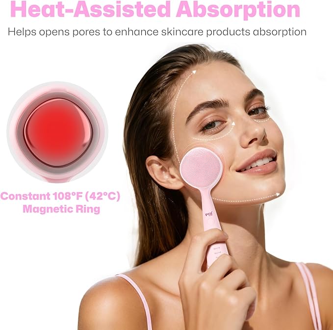 PRITECH Facial Cleansing Brush with 42° Constant‑Temperature Heating – Rechargeable Silicone Face Scrubber for Deep Pore Cleaning, Waterproof Vibrating Exfoliator for Women & Men (Pink)