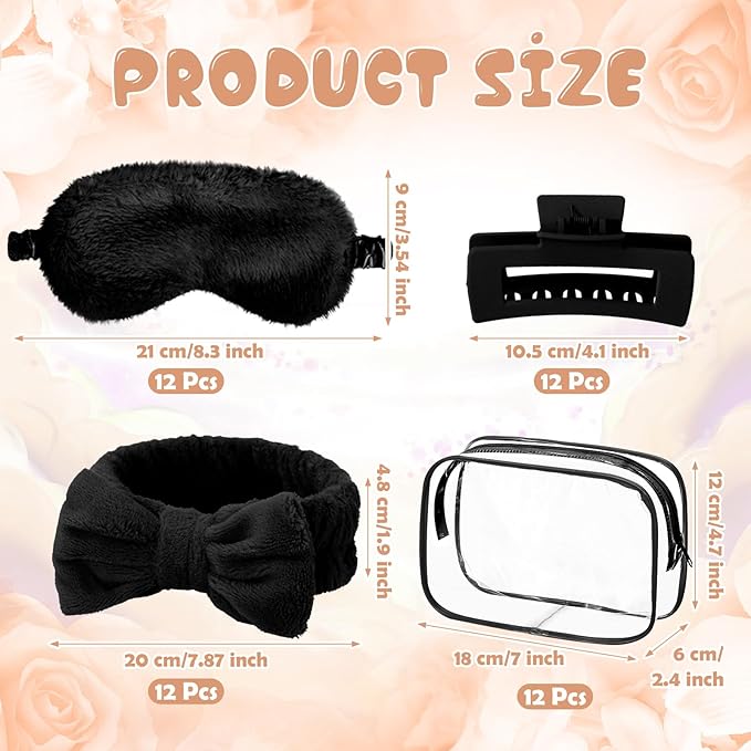 Hoteam 24 Pcs Galentine Spa Party Favors Supplies 6 Spa Headband 6 Plush Sleep Eye Mask 6 Hair Claw Clips 6 Clear Cosmetic Bags for Adult Sleepover Slumber Party Valentine Gift(Black)