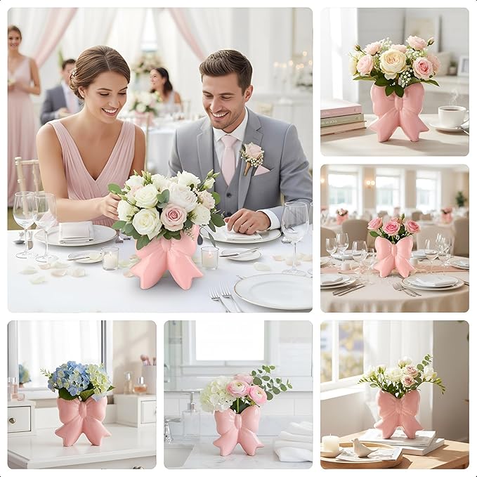 Bow Vase Coquette Ceramic Vase Pen Holder Makeup Brush Holder Contemporary Design Decorative Women Gift for Christmas Home Office Shelf Table Room(Light Pink,Large,Classic)