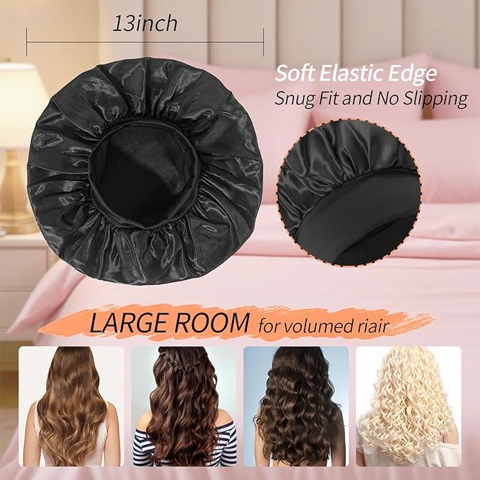 5 Pack Satin Bonnet for Women, 30cm Adjustable No-Slip Sleep Cap for Curly Hair, Breathable Head Wrap for Sleeping & Skincare