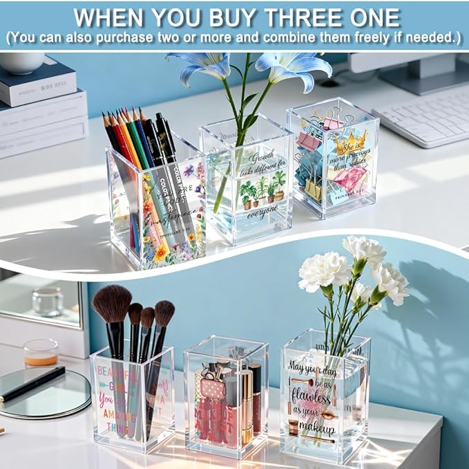 Beautiful Girl You Can Do Amazing Things Acrylic Cosmetic Holder, Inspirational Makeup Brush Holder Gifts, Encouragement Gifts for Teens Women, Bathroom Vanity Storage for Makeup Brushes