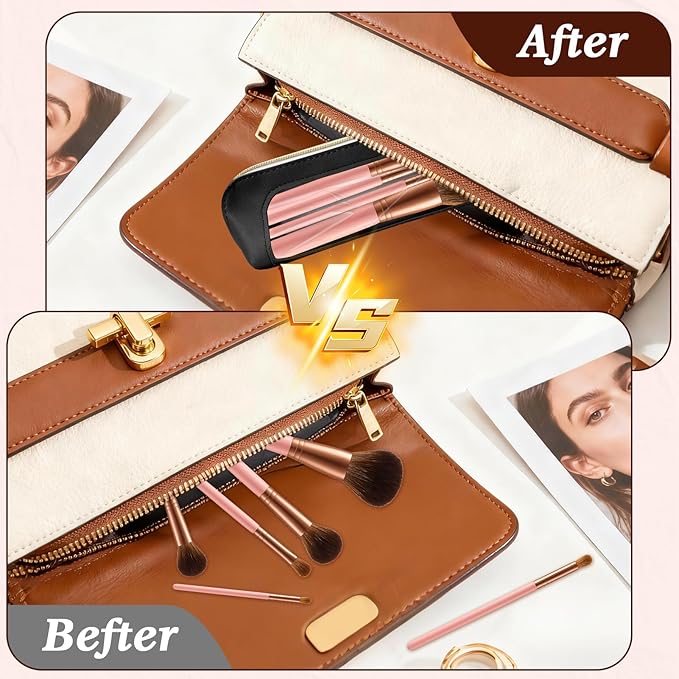 2Pcs Small Makeup Brush Bag Toiletry Bag PU Leather Clear Cosmetic Bags Makeup Bags for Women Portable Waterproof Makeup Brush Holder Slim Cosmetic Pouch Travel Pouch with Zipper (Black& Brown)