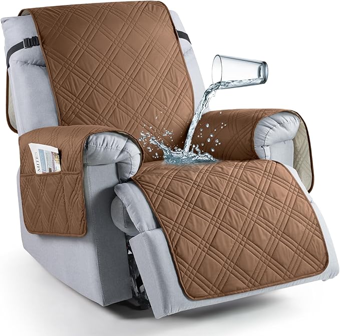 TAOCOCO 100% Waterproof Recliner Chair Cover, Non Slip Recliner Covers for Recliner Chair with Pocket, Washable Reclining Chair Cover Furniture Protector for Kids,Dogs(23.6'', Brown)