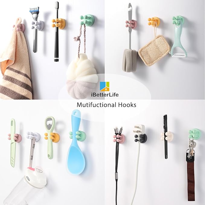 iBetterLife Self-Adhesive Bathroom Toothbrush Holder - 4Pcs Silicone Utility Storage Shower Hook for Razor Towel Tooth Brush, Wall Mounted Home Kitchen Hanging Organizer Dorm Room Essentials for Girls