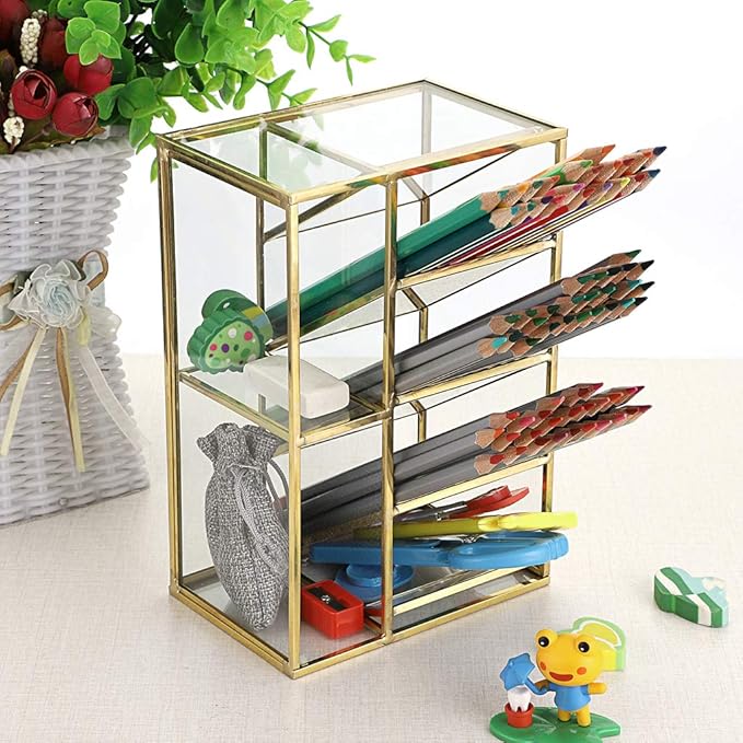 Hipiwe Vintage Gold Metal Desk Organizer - Glass Make up Brushes lipstick Holder Dresser Organizer Pen Pencil Storage Holder for Home Office Supplies (6 Compartment)