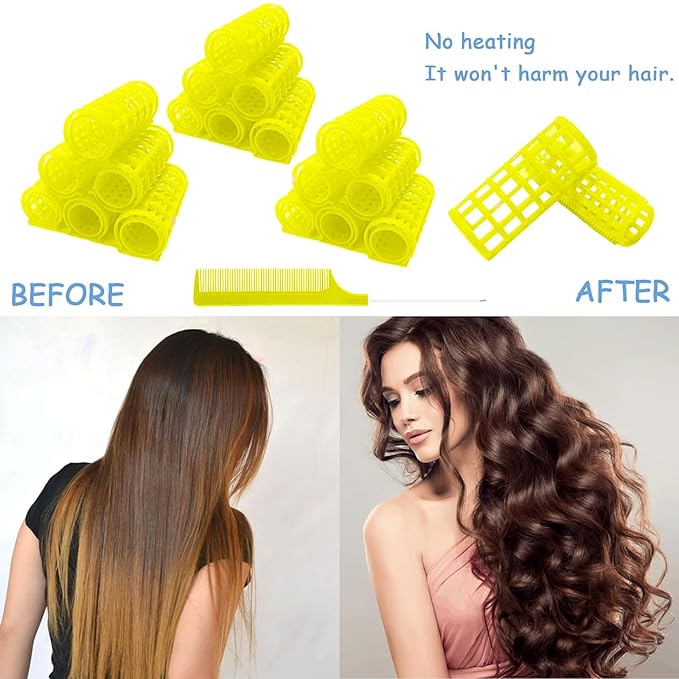 24PCS Plastic Heatless Hair Rollers Set 2.0cm/0.8in Yellow Self Grip Snap on Rollers Hairdressing Curlers Tools for DIY Hairdressing Hair Salon