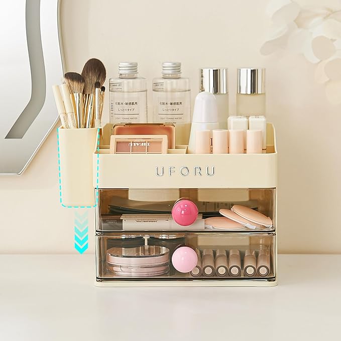 Makeup Organizer for Vanity with Brush Holder, Countertop Skincare Organizer with 2 Drawers, Spacious Cosmetic Display Case for Perfumes, Eyeshadow Palettes, Nail Polishes