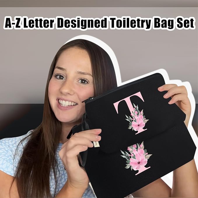 Vavabox A-Z Personalized Makeup Bag, Birthday Gifts for Women Mom, Gifts for Best Friend, Bride Bridesmaid Cosmetic bag (T, 04-Black Set)