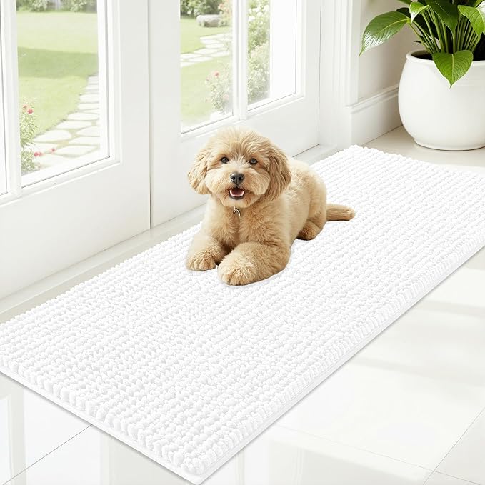 OLANLY Dog Door Mat for Muddy Paws 47x20, Ultra Absorbent Chenille Mud Doormat, Non-Slip Washable and Dirt Trapping Doormat for Indoor Entryway, Quick-Dry Indoor Pet Bed Mats for Dogs, White