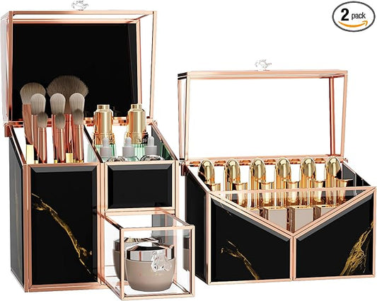 black makeup organizer – Vanity Holder with 18-Slot Lipstick Organizer & Covered Makeup Brush Holder – Skincare, Perfume & Cosmetic Display for Bathroom or Dresser