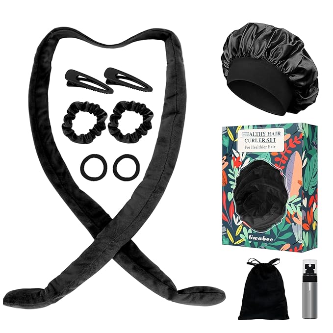 No Heat Overnight Curl Headband Set for Women and Girls - Soft Satin Bonnet with Rollers Wrap for Long Hair Curls, 10 PCS Gift Box - Black
