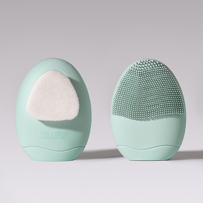 LOLLIPOP Dual-Sided Facial Cleansing Brush | Palm Size Silicone Face Exfoliator and Soft Fiber Cleanser | Manual Face Scrubber for Pores, Makeup Removal, Blackhead and Skincare Routine, Minty