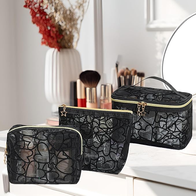 3-Piece Mesh Makeup Bag Set Flocking Heart Printed, Portable Travel Mesh Cosmetic Bags Toiletry Bags Makeup Purse Bags Five-pointed star zipper pull Storage Pouches, for Home Travel