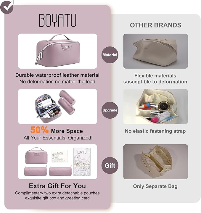 BOYATU Travel Makeup Bag Cosmetic Bags for Women: Large Capacity 3 Pcs Set Make up Bag with Compartments - Waterproof Vegan Leather Toiletry Organizer Bags with Handle (N-69Purple)
