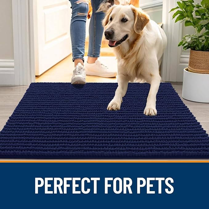 OLANLY Dog Door Mat for Muddy Paws 44x32, Ultra Absorbent Chenille Mud Doormat, Non-Slip Washable and Dirt Trapping Doormat for Indoor Entryway, Quick-Dry Indoor Pet Bed Mats for Dogs, Navy Blue
