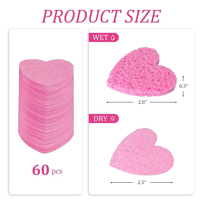 50-Count Kickleen Compressed Cellulose Heart Shape Facial Sponges | Natural Cosmetic Spa Sponges for Facial Cleansing | Exfoliating | Makeup Mask Removal | Reusable | Skin Massage (50 Count (Pink))