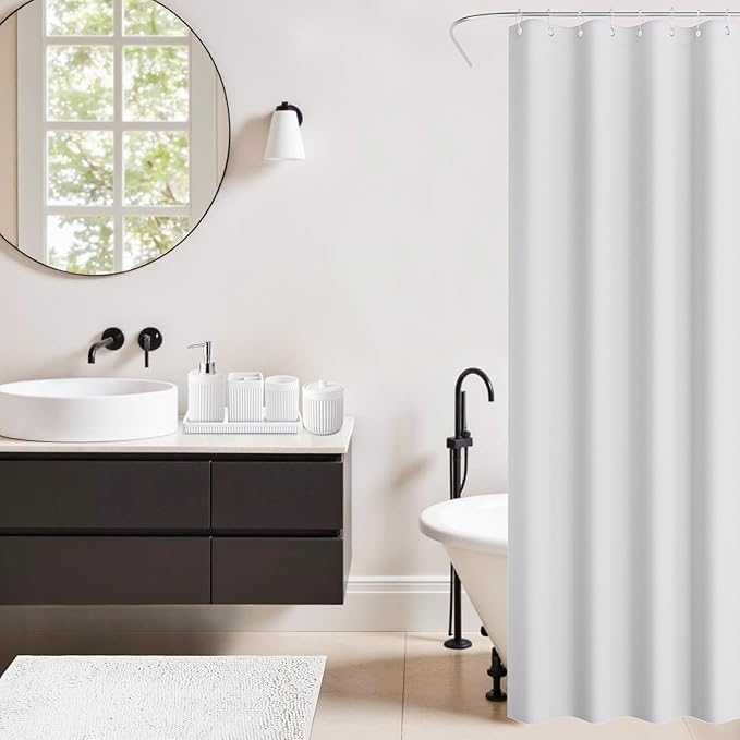 XLHOMO 8-Piece White Bathroom Set - Resin Bathroom Accessories Sets Complete with Shower Curtain and Rugs, Soap Dispenser, Toothbrush Holder, Cup, Tray & Cotton Swab Jars
