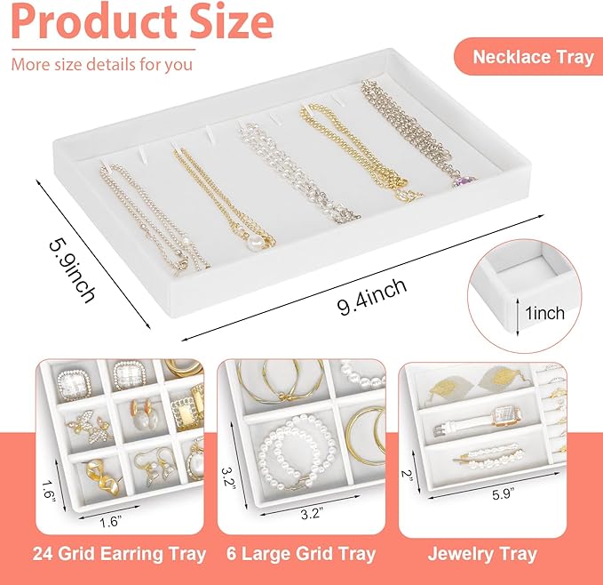 Cirhy 4 Stackable Jewelry Organizer Trays for Drawer, White Velvet Jewelry Drawer Inserts for Necklaces Rings Earrings & Bracelets, Elegant Jewelry Storage Tray & Display Case, Gift for Women
