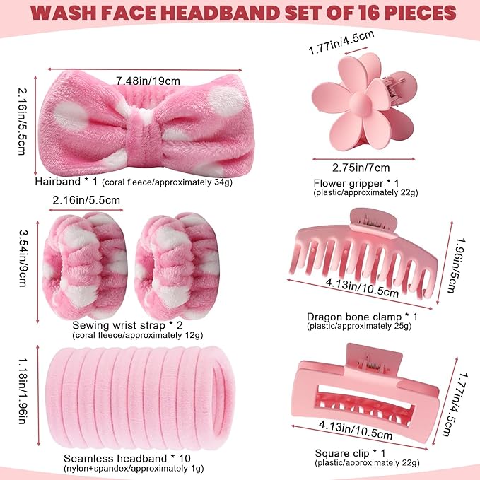 16 Pcs Skincare Headband Set, Face Washing Headband with Wristbands, Hair Claw Clips & Hair Ties, Spa Headbands for Women Girls, Perfect for Facial, Makeup, Shower, Gift Ready Bo