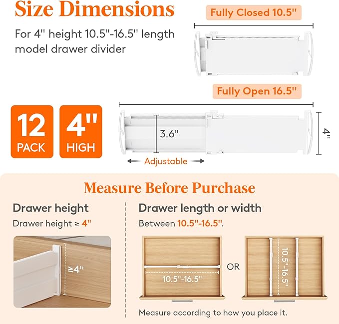 Lifewit 4" High 12 Pack Drawer Dividers, 10.5-16.5" Drawer Divider for Clothes, Adjustable Dresser Drawer Organizers, Plastic Drawers Separators for Clothes, Bedroom, Bathroom, Kitchen, Closet