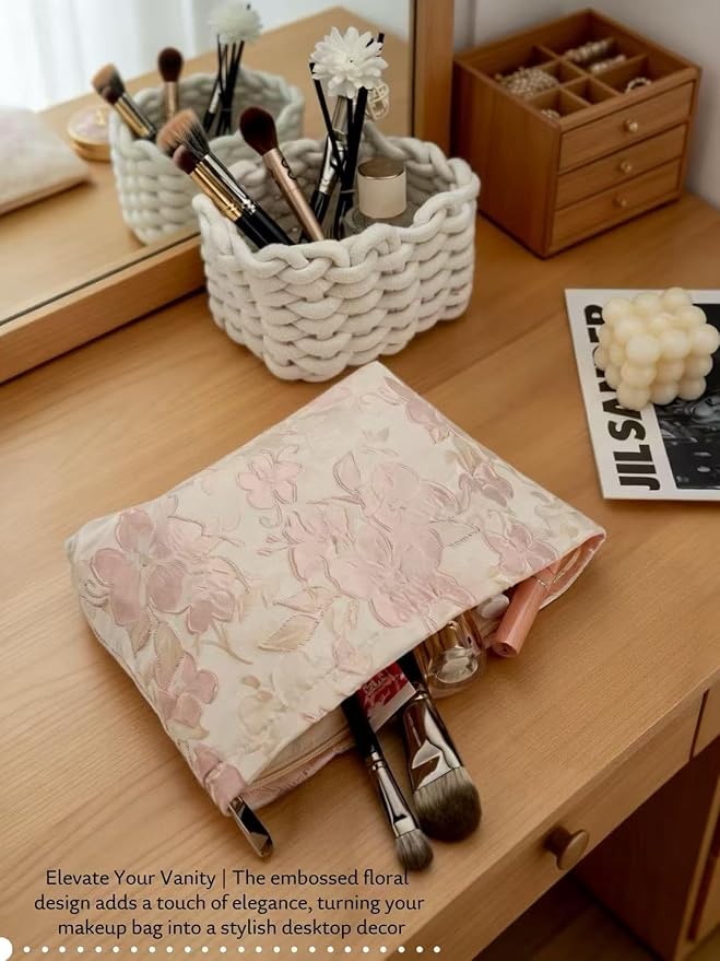 D Embossed Floral Makeup Bag - Large Capacity Pink Textured Cosmetic Organizer | Travel Toiletry Pouch for Women (Elegant Flower Pattern, Durable Fabric)
