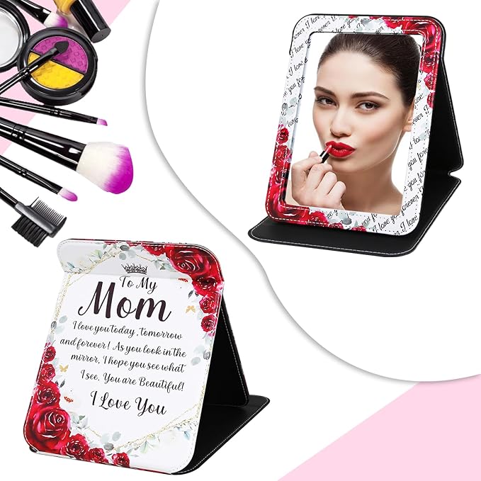 for Mom Folding Travel Makeup Mirror, PU Portable Adjustable Rectangular Ultrathin Vanity Mirror Rounded Corners with Stand, for Travel, Camping, Home Large