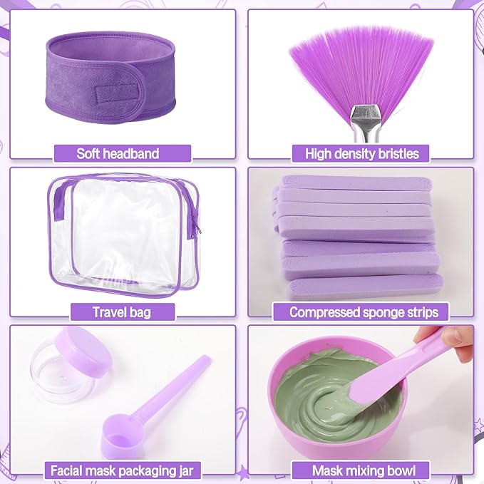 LemonRoad 34 Pcs Esthetician Facial Supplies Include Facial Bowls Brushes Jars Measuring Spoons Hairbands Esthetician Essentials Valentines Gift Set For Women(Purple)