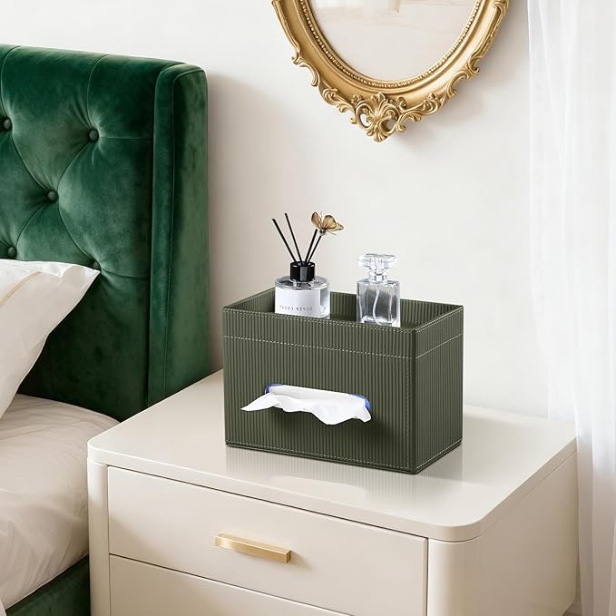 Rectangular Tissue Box Cover with Storage Tray, PU Leather Tissue Box Holder for Bathroom Vanity Countertop Night Stands Bedroom Office Desk, Stylish Tissue Holder Decorative Organizer (Green)