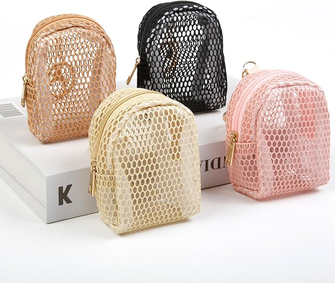 4Pcs Mini Backpack Keychain,Cute Cosmetic Bag for Women,PU Leather Makeup Bag Key Pocket Lipstick Bag Card Holder Data Cable Organizer Zipper Pouch (Mesh Cosmetic Bag)