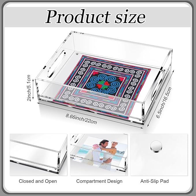 Acrylic Serving Tray with Handle Needlepoint Clear Decorative Tray Countertop Organizer for Home Bathroom Office (6.5"x 8.5")