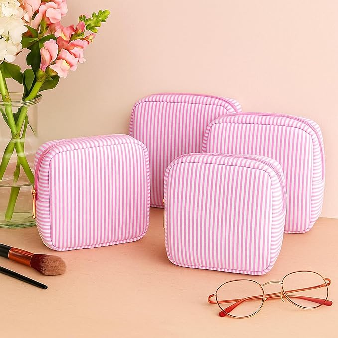 Sanwuta 6 Seersucker Cosmetic Bag Bulk Pinstripe Makeup Bag for Women Aesthetic Cute Travel Toiletry Organizer Preppy Storage Pouch for Wedding Bridesmaid Christmas Gift (Small,Pink)
