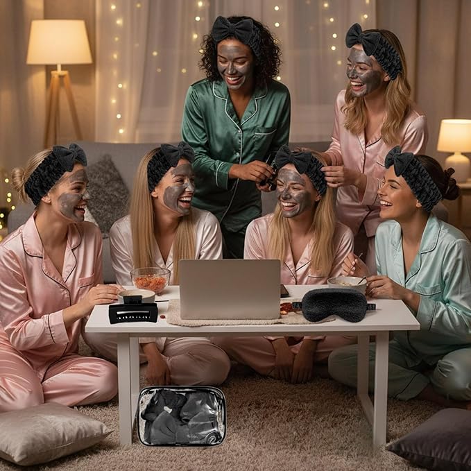 Hoteam 24 Pcs Galentine Spa Party Favors Supplies 6 Spa Headband 6 Plush Sleep Eye Mask 6 Hair Claw Clips 6 Clear Cosmetic Bags for Adult Sleepover Slumber Party Valentine Gift(Black)