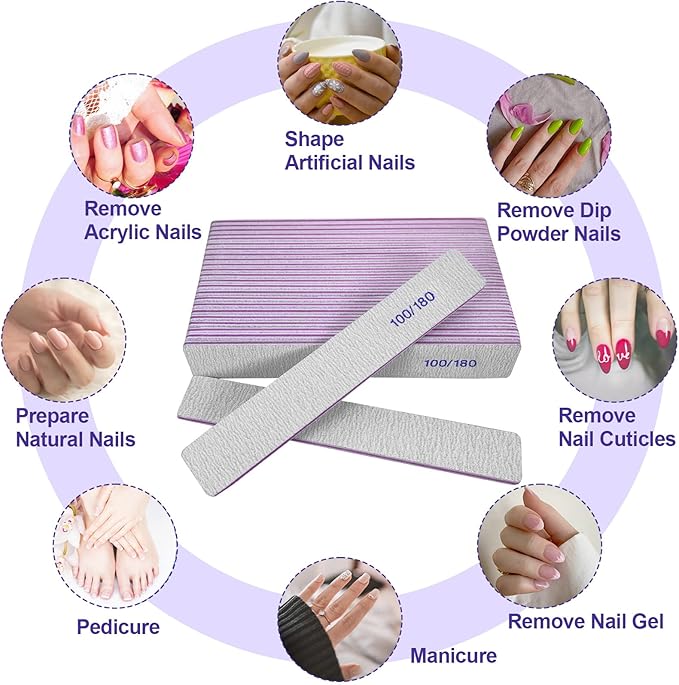 Nail Files (24 Pack), 100/180 Grit Emery Boards Nail File for Natural Nails and Acrylic Nails, Double Sided Emory Boards limas para unas acrilicas Profesional Fingernail Filer Reusable Manicure Gray