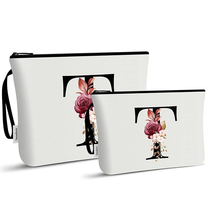 Vavabox A-Z Personalized Makeup Bag, Birthday Gifts for Women Mom, Gifts for Best Friend, Bride Bridesmaid Cosmetic bag (T, 03-White Set)