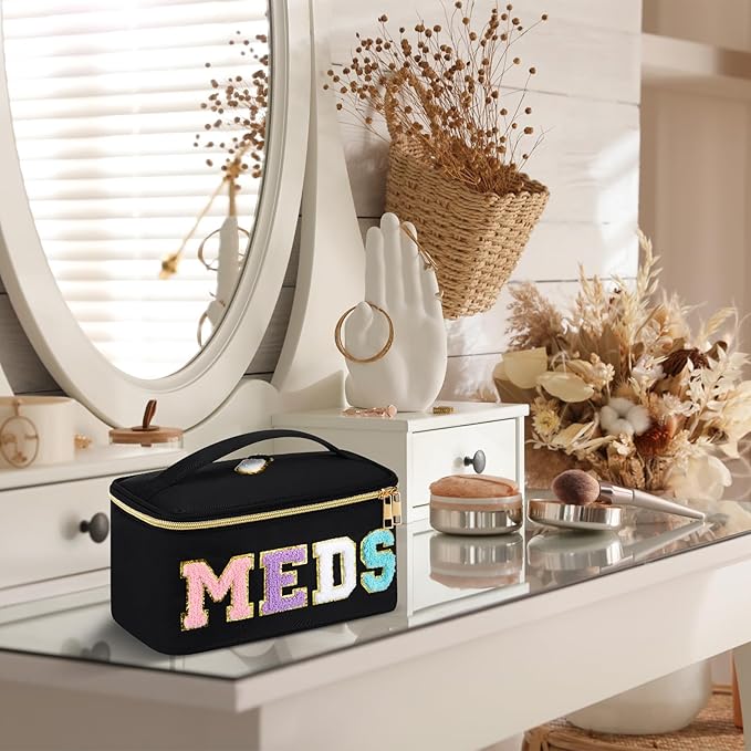 Geetery Clear Makeup Bag Chenille Letter Meds Bag Travel Cases Preppy Patch with Zipper, Portable Cosmetic Toiletry Storage case for Women(Meds,Black)