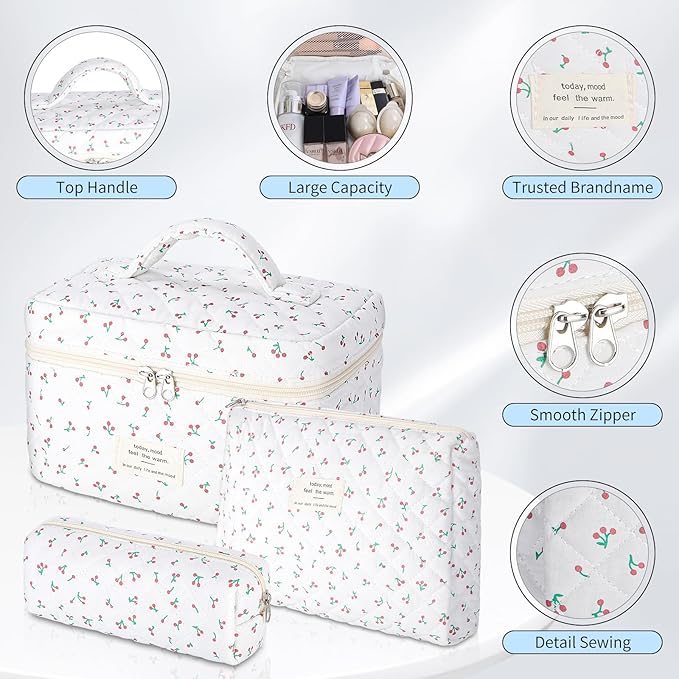 senbowe Floral Cherry Makeup Bag, 3 Pack Large Cotton Quilted Makeup Bag Set, Cute Floral Coquette Aesthetic Toiletry Bag Make Up Cosmetic Bag for Women, Toiletry Travel Make Up Organizer Bag