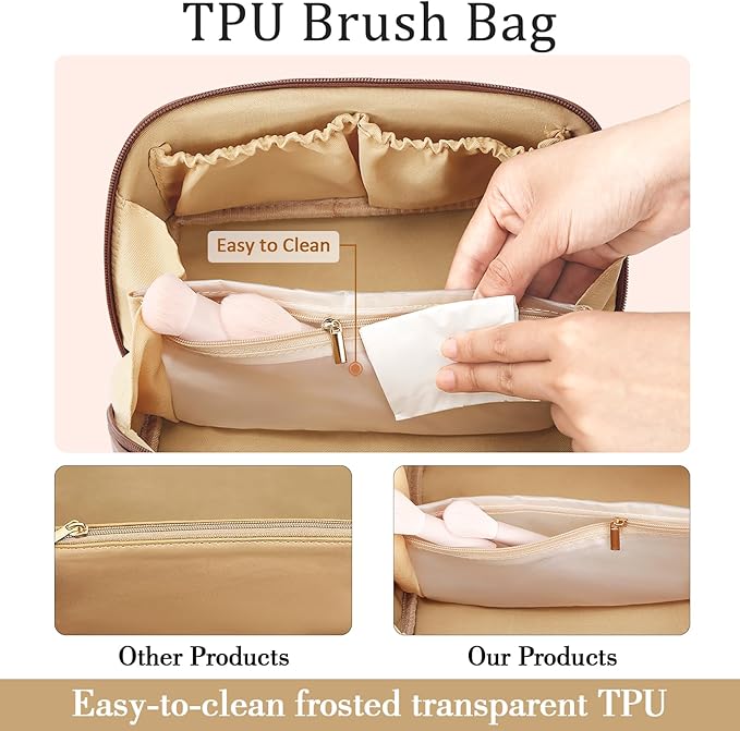 Birthday Gifts for Women Teen Girl, Personalized Initial Makeup Organizer Bag Set, Open Flat Travel Cosmetic Bag With Clear Divider and Handle(Coffee,J)