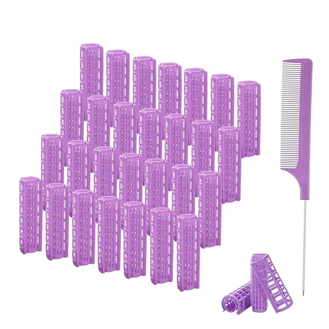 ZMD 28PCS Self Grip Small Hair Rollers Set, 0.6In/1.5cm Plastic Snap on Rollers Heatless Curlers with Comb Hairdressing Tools for Women/Men Short Thin Fine Hair (Purple)