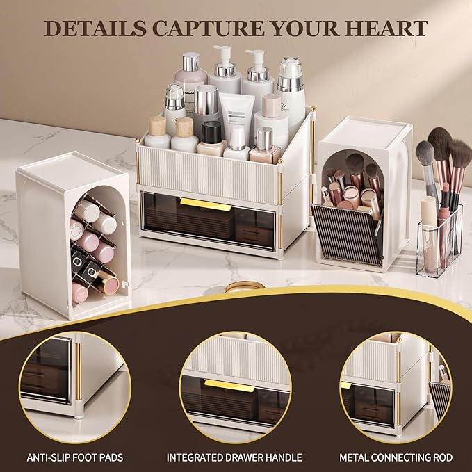 Seoneiro Makeup Organizer with Drawers, Cosmetic Storage for Dresser Countertop and Bathroom Vanity, Beauty Holder for Lipstick Brush Skincare Display case (Milky White + Dark Brown)