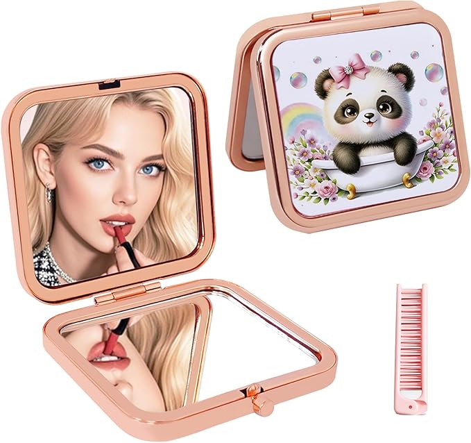 Cute Panda Travel Mirror with Comb, Double-Sided Mini Compact Makeup Mirror with 1x/2x Magnification, Rose Gold Portable Folding Mirror for Purse, Pocket & On-The-Go