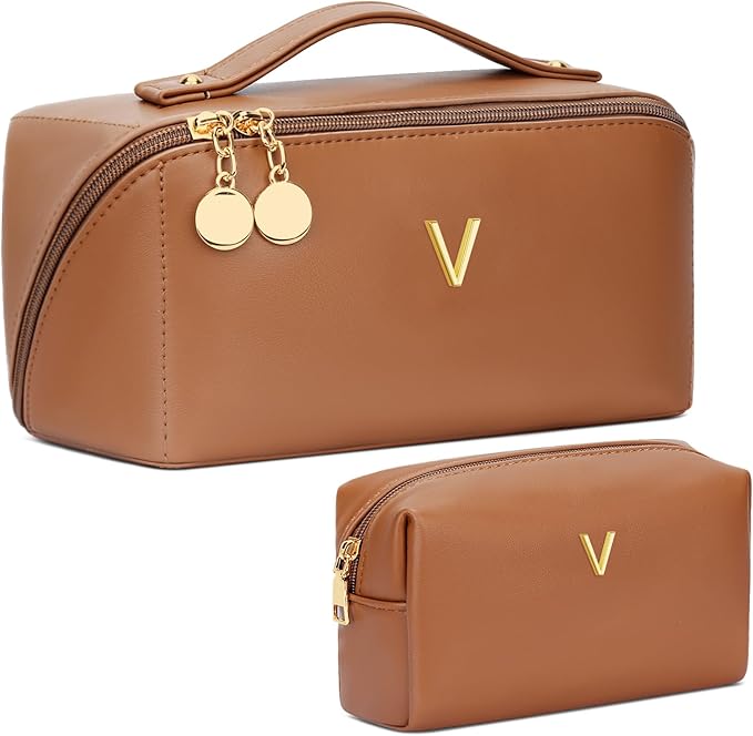 Birthday Gifts for Women Teen Girl, Personalized Initial Makeup Organizer Bag Set, Open Flat Travel Cosmetic Bag With Clear Divider and Handle(Brown,V)