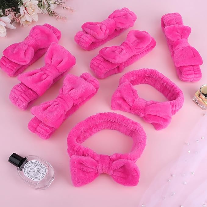 CIEHER 8 Pcs Spa Headbands for Women, Teen Girls - Bachelorette Party Favors, Birthday Gifts, Hot Pink Makeup and Face Wash Headbands