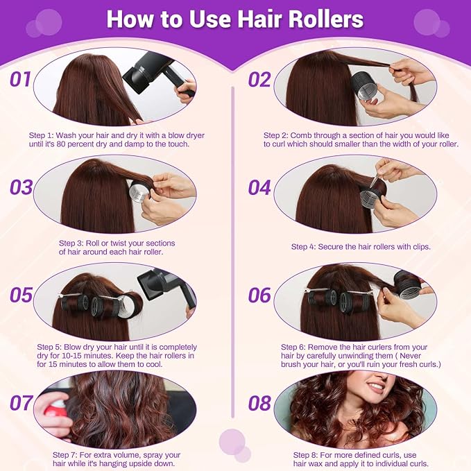 50 Pcs Rollers Hair Curlers Set with 24Pcs Self Grip Hair Rollers 4 Sizes and 24 Pcs Clips for Blowout Look Long Medium Short Thick Hair Volume
