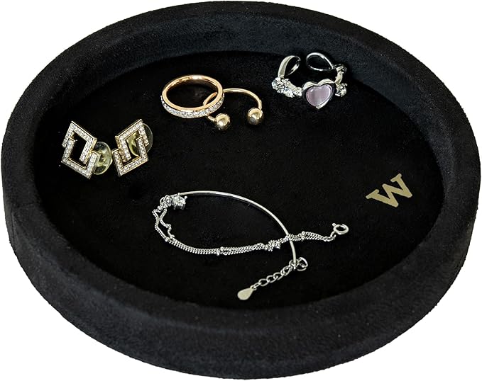 COLLECTIVE HOME - Velvet Jewelry Tray, 6" Monogrammed Jewelry Dish, Smooth Velour Display Dish for Rings, Earrings, Necklaces, Makeup, Personalized Gifts for Women (Black-w)